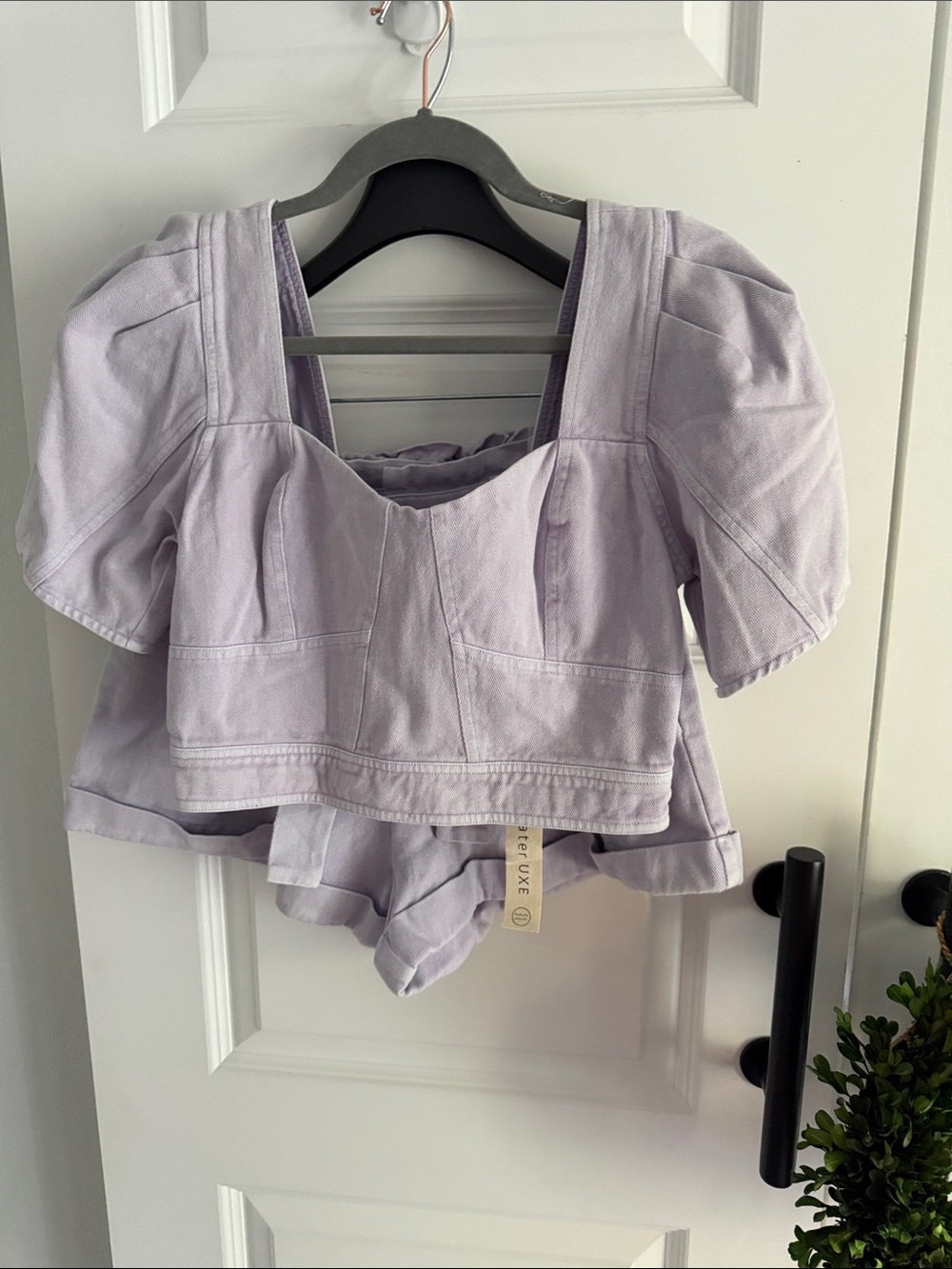 Anthro Saltwater LUXE Lilac Puff Sleeve Crop Top and matching tie shorts small